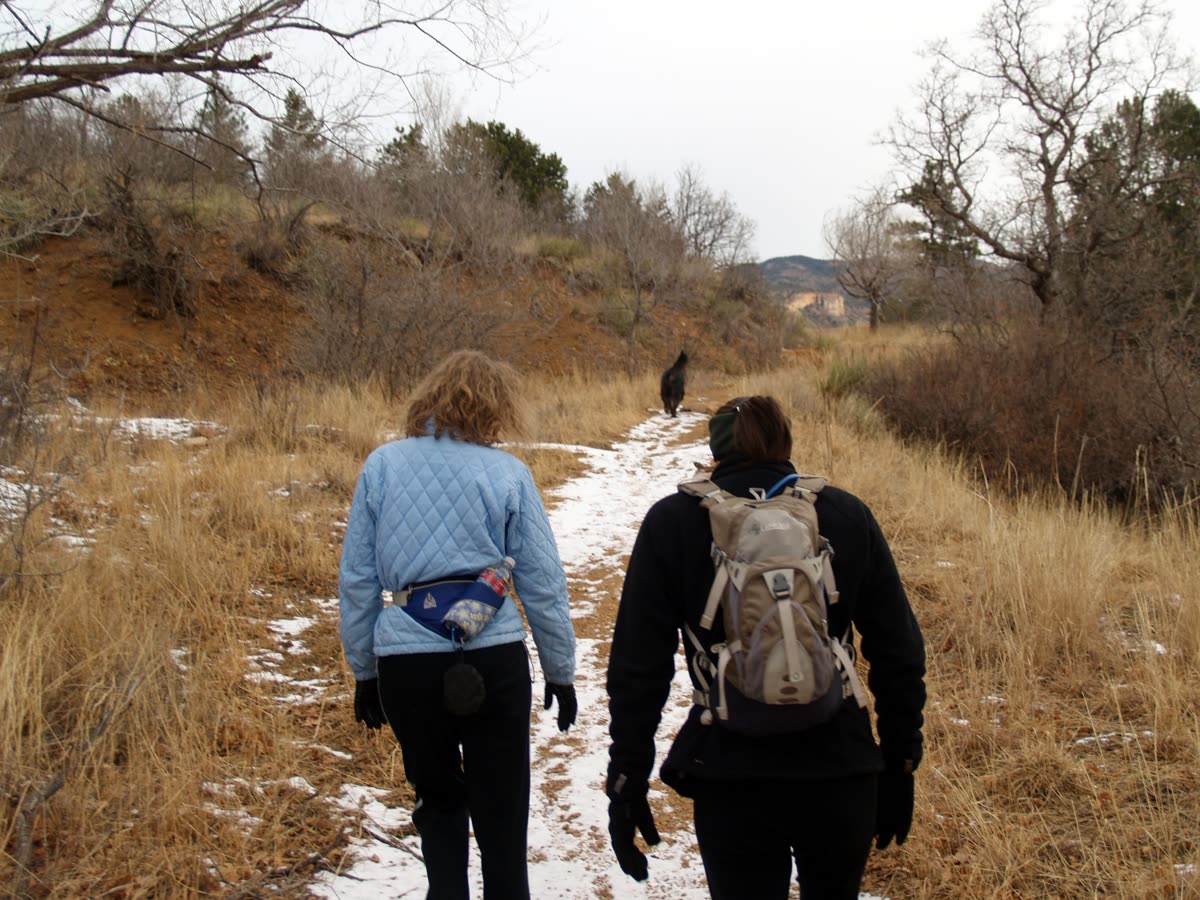 Two hikers with a dog on a trail in Manitou Springs, Colorado